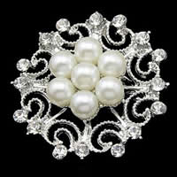 Glas perle broche, Zinc Alloy, med Glass Pearl, Flower, platin farve forgyldt, med rhinestone, nikkel, bly & cadmium fri, 40mm, 30pc'er/Bag, Solgt af Bag