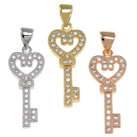 Cubic Zirconia Micro Pave Brass Pendant, Key, plated, micro pave cubic zirconia, more colors for choice, nickel, lead & cadmium free, 10x22x3mm, Hole:Approx 3.5x4.5mm, 20PCs/Bag, Sold By Bag