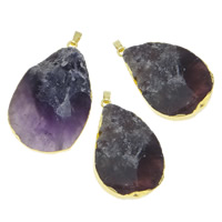 Amethyst Pendant, with brass bail, Teardrop, gold color plated, February Birthstone, 26.5x47x10mm-30x55x14mm, Hole:Approx 2x6mm, 10PCs/Lot, Sold By Lot