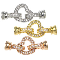 Brass Fold Over Clasp, Heart, plated, with end cap & micro pave cubic zirconia, more colors for choice, nickel, lead & cadmium free, 13x6.5mm,14x12x2.5mm,30mm, Hole:Approx 4mm, 10PCs/Bag, Sold By Bag