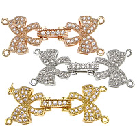 Brass Fold Over Clasp, Bowknot, plated, with connector bar & micro pave cubic zirconia & 2-strand, more colors for choice, nickel, lead & cadmium free, 14x15x4mm,10x2.5mm,34mm, Hole:Approx 1.5mm, 10PCs/Bag, Sold By Bag