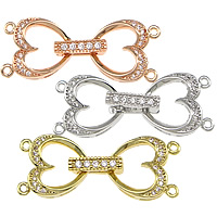 Brass Fold Over Clasp, Heart, plated, with connector bar & micro pave cubic zirconia & 2-strand, more colors for choice, nickel, lead & cadmium free, 12x14x4mm,10x2.5mm,31mm, Hole:Approx 1.5mm, 10PCs/Bag, Sold By Bag