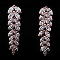 Brass Drop Earring stainless steel post pin Leaf rose gold color plated with cubic zirconia nickel lead & cadmium free 45mm Sold By Pair