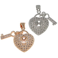 Cubic Zirconia Micro Pave Brass Pendant, heart and key, plated, micro pave cubic zirconia, more colors for choice, nickel, lead & cadmium free, 15x20x8mm,4.5x14.5x2mm, Hole:Approx 3.5x4.5mm, 10PCs/Bag, Sold By Bag