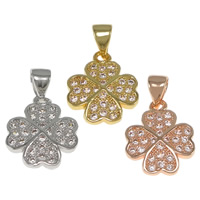 Cubic Zirconia Micro Pave Brass Pendant, Four Leaf Clover, plated, micro pave cubic zirconia, more colors for choice, nickel, lead & cadmium free, 12x15x2mm, Hole:Approx 3.5x4.5mm, 20PCs/Bag, Sold By Bag