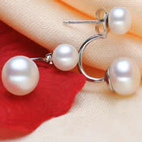 Double Faced Stud Earring, Freshwater Pearl, brass post pin, Button, natural, white, 9-10mm, Sold By Pair