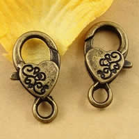 Tibetan Style Lobster Clasp, Heart, antique bronze color plated, with flower pattern, nickel, lead & cadmium free, 15x26x5.50mm, Hole:Approx 1.5-2.5mm, 40PCs/Bag, Sold By Bag