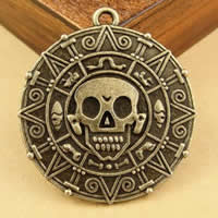 Tibetan Style Flat Round Pendants, antique bronze color plated, with skull pattern, nickel, lead & cadmium free, 38mm, Hole:Approx 1.5-2.5mm, 20PCs/Bag, Sold By Bag