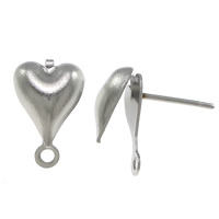 Stainless Steel Earring Stud Component, Heart, with loop, original color, 8x13x15.5mm, 0.8mm, Hole:Approx 1.3mm, 300Pairs/Lot, Sold By Lot