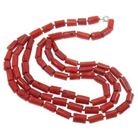 Coral Strickjacke-Kette Halskette, Natürliche Koralle, Messing Federring Verschluss, Rohr, 3-Strang, rot, 10x19mm, verkauft per ca. 26 ZollInch Strang