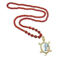 Floating Locket Necklace, Natural Coral, with Crystal & Glass & Tibetan Style, Turtle, gold color plated, faceted, 32x54x13mm, Sold Per Approx 27.5 Inch Strand