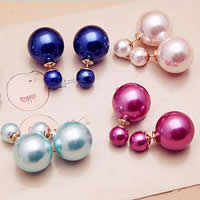 Double Faced Stud Earring Glass Pearl stainless steel post pin Round gold color plated mixed colors Sold By Bag