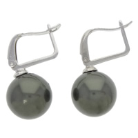 South Sea Shell Earring, brass earring clip, Round, platinum color plated, black, 12x31mm, Sold By Pair