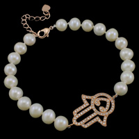 Freshwater Cultured Pearl Bracelet, Freshwater Pearl, brass lobster clasp, with 3.5cm extender chain, Hamsa, natural, Jewish  Jewelry & Islamic jewelry & micro pave cubic zirconia & hollow, white, 6-7mm, 19x29x2mm, Sold Per Approx 7.5 Inch Strand