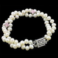 Freshwater Cultured Pearl Bracelet, Freshwater Pearl, brass box clasp, Potato, natural, with cubic zirconia & 2-strand, white, 5-6mm, 14x9x5mm, 11x7x8mm, Sold Per Approx 7.5 Inch Strand