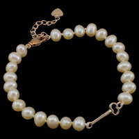 Sötvatten odlade Pearl Bracelet, Freshwater Pearl, med Mässing, med 3.5cm extender kedja, Potatis, naturlig, vit, 5-6mm, 19x6x1.5mm, Såld Per Ca 7.5 inch Strand