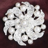 Plastic Pearl Brooch, Tibetan Style, with ABS Plastic, Flower, silver color plated, imitation pearl & with rhinestone, white, nickel, lead & cadmium free, 45x45mm, 10PCs/Lot, Sold By Lot