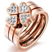 Cubic Zirconia Stainless Steel Finger Ring Sæt, Four Leaf Clover, rosa guld farve forgyldt, forskellig størrelse for valg & med cubic zirconia, 7-6mm, 5sæt/Bag, Solgt af Bag