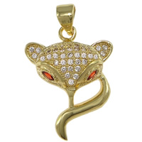 Cubic Zirconia Micro Pave Brass Pendant, Fox, real gold plated, micro pave cubic zirconia, nickel, lead & cadmium free, 17x22.50x5.50mm, Hole:Approx 4x5mm, 20PCs/Lot, Sold By Lot