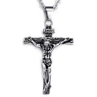 Stainless Steel Cross Pendants, Crucifix Cross, with letter pattern & blacken, 32x50mm, Hole:Approx 2-10mm, 5PCs/Bag, Sold By Bag
