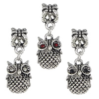 Brass European Pendant, Owl, antique silver color plated, without troll & with rhinestone, more colors for choice, nickel, lead & cadmium free, 26mm, 10x14x5mm, Hole:Approx 5mm, 100PCs/Lot, Sold By Lot