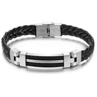PU Leather Cord Bracelets, with Stainless Steel, black, 11mm, Length:Approx 9 Inch, 10Strands/Bag, Sold By Bag