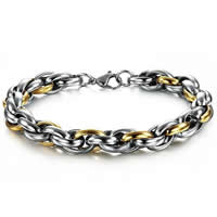 Stainless Steel Jewelry Bracelet, plated, rope chain & two tone, 10mm, Length:Approx 8.5 Inch, 5Strands/Bag, Sold By Bag