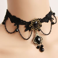 Gothic Necklace, Lace, with brass chain & Crystal & Resin & Tibetan Style, with 2.5Inch extender chain, plated, faceted, black, nickel, lead & cadmium free, 28mm, Sold Per Approx 12 Inch Strand