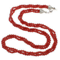 Coral Necklace, Natural Coral, with Tibetan Style, brass box clasp, Round, 3-strand, red, 4mm, Sold Per Approx 19.5 Inch Strand
