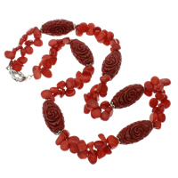 Colar de coral, Coral natural, Bronze fecho do anel de Primavera, esculpidas, vermelho, 17x31mm, 5-12mm, vendido para Aprox 22 inchaltura Strand