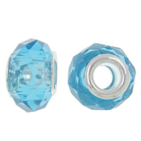 Perles de cristal European , rondelle, noyau double en argent sans filetage, aigue-marine, 14x9mm, Trou:Environ 5mm, 20PC/sac, Vendu par sac