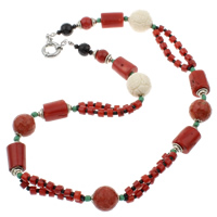 Coral Necklace, Natural Coral, with Black Agate & Glass Seed Beads & Tibetan Style, brass spring ring clasp, faceted, multi-colored, 18mm, 16mm, 13x16mm, Sold Per Approx 20 Inch Strand