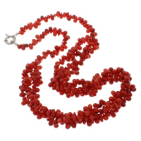 Coral svetr řetěz náhrdelník, Přírodní Coral, mosaz jarní prsten spona, Slza, 3-pramenné, červený, 5x8mm, Prodáno za Cca 23.5 inch Strand