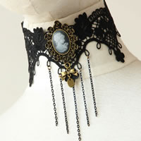 Gothic Necklace, Lace, with brass chain & Resin & Tibetan Style, with 2.5Inch extender chain, plated, black, nickel, lead & cadmium free, 63mm, Sold Per Approx 12 Inch Strand