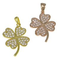 Cubic Zirconia Micro Pave Brass Pendant, Four Leaf Clover, plated, micro pave cubic zirconia, more colors for choice, nickel, lead & cadmium free, 18x25x2mm, Hole:Approx 2x4mm, 20PCs/Lot, Sold By Lot
