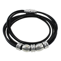 Men Bracelet, Cowhide, with Stainless Steel, 2-strand, black, 18x8mm, 6x10mm, 10x10mm, Length:Approx 21 Inch, 10Strands/Lot, Sold By Lot