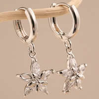 Huggie Hoop Drop Earring Brass Flower platinum plated with cubic zirconia clear nickel lead & cadmium free Sold By Bag