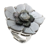 Shell Finger Rings, Brass, with Black Shell, Flower, platinum color plated, adjustable, nickel, lead & cadmium free, 34x33x31mm, Hole:Approx 1mm, US Ring Size:9, 10PCs/Bag, Sold By Bag