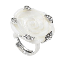 Shell Finger Rings, Brass, with White Shell, Flower, platinum color plated, adjustable & with rhinestone, nickel, lead & cadmium free, 28x28x27mm, Hole:Approx 1mm, US Ring Size:6.5, 10PCs/Bag, Sold By Bag