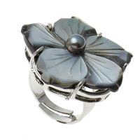 Shell Finger Rings, Brass, with Black Shell, Flower, platinum color plated, adjustable, nickel, lead & cadmium free, 32x32x30mm, Hole:Approx 1mm, US Ring Size:9, 10PCs/Bag, Sold By Bag