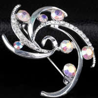 Zinc Alloy Brooches Flower silver color plated with rhinestone nickel lead & cadmium free Sold By Bag