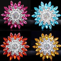Tibetan Style Brooches, with Acrylic, Flower, silver color plated, faceted & with rhinestone, mixed colors, nickel, lead & cadmium free, 62x62mm, 10PCs/Bag, Sold By Bag