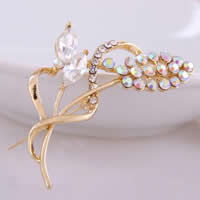 Zinc Alloy Brooches with Crystal Leaf gold color plated faceted & with rhinestone nickel lead & cadmium free Sold By Bag