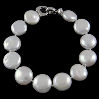 Freshwater Cultured Pearl Bracelet, Freshwater Pearl, brass foldover clasp, Coin, natural, white, Grade AAA, 13-14mm, Sold Per Approx 6.5 Inch Strand