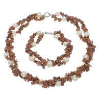 Natural Cultured Freshwater Pearl Jewelry Sets, bracelet & necklace, with Goldstone, brass spring ring clasp, 2-strand, 10-11mm, 2.5-9mm, Length:Approx 8.5 Inch, Approx 19.5 Inch, Sold By Set