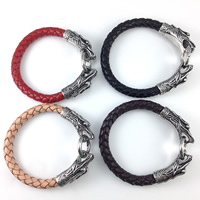 Men Bracelet, Cowhide, with Stainless Steel, Dragon, blacken, more colors for choice, 13mm, 20mm, Length:Approx 8 Inch, 5Strands/Lot, Sold By Lot