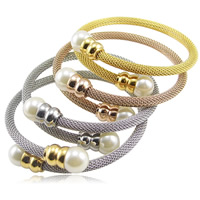 Stainless Steel Mesh Cuff Bangle, with Glass Pearl, plated, more colors for choice, 10mm, Sold By Lot