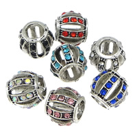 Tibetan Style European Beads, Drum, platinum color plated, without troll & with rhinestone & hollow, more colors for choice, nickel, lead & cadmium free, 9x10mm, Hole:Approx 5mm, 200PCs/Lot, Sold By Lot