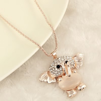 Cat Eye Sweater Necklace, Tibetan Style, with Cats Eye, Elephant, rose gold color plated, lantern chain & with rhinestone & hollow, nickel, lead & cadmium free, 55x58mm, Length:Approx 29 Inch, 10Strands/Lot, Sold By Lot