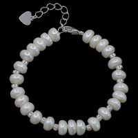 Freshwater Kulturperler Pearl Bracelet, Ferskvandsperle, med Messing, med 4.5cm extender kæde, Button, naturlig, hvid, 6-8mm, Solgt Per Ca. 7.5 inch Strand